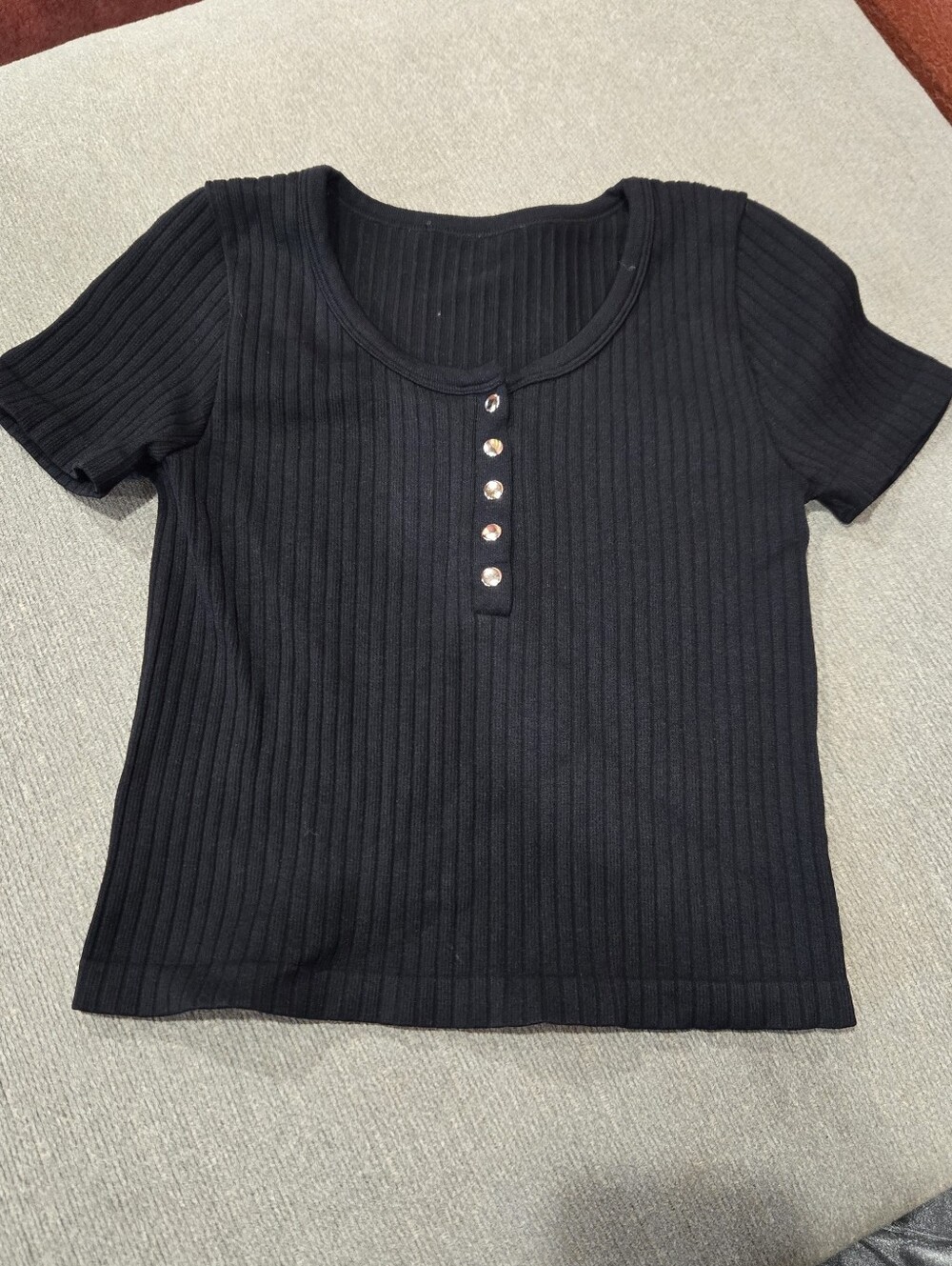 Women's Black Ribbed Short-Sleeve Henley Top